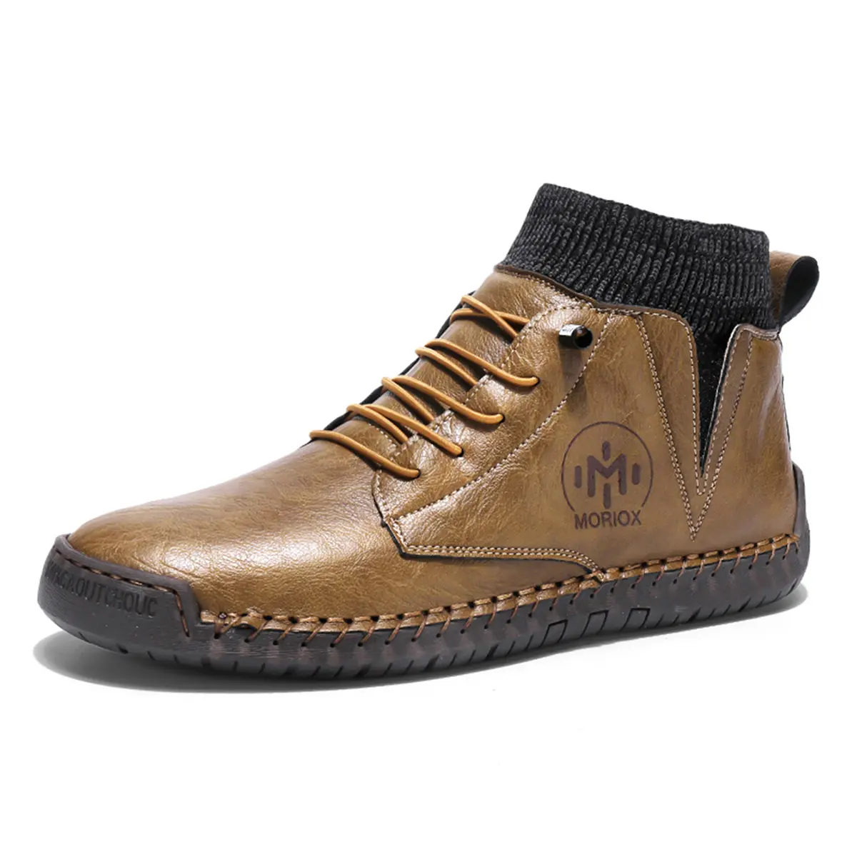 Men Hand Stitched Leather Ankle Boots Elastic Knit Sock Collar Slip On Chukka Booties Non Slip Soft Rubber Sole Casual Walking Shoes Multiple Colors