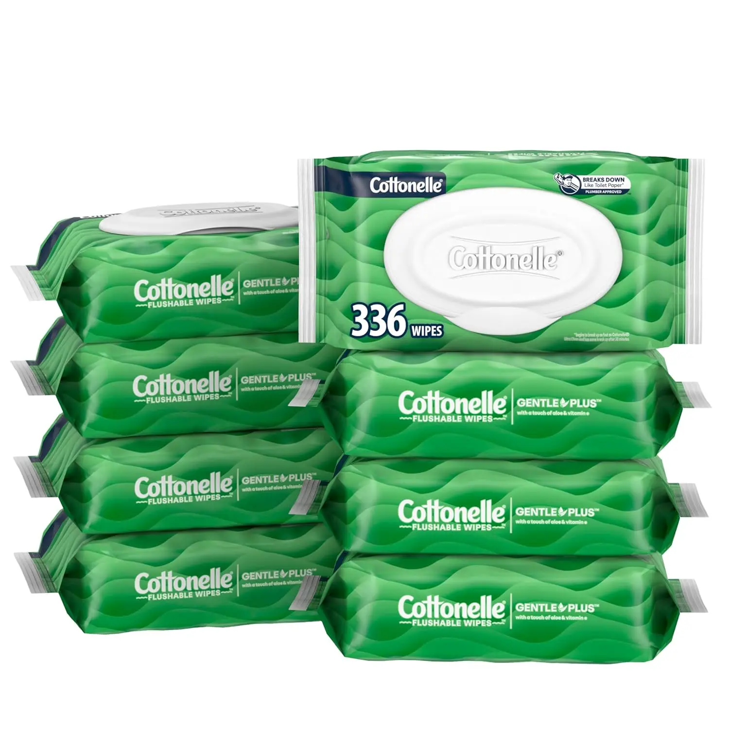 Cottonelle GentlePlus Flushable Wet Wipes with Aloe & Vitamin E, 8 Flip-Top Packs, 42 Wipes Per Pack (336 Total Wipes), Gentle Cleansing Bathroom Wipes, Septic Safe Flushable Wipes for Personal Hygiene, Packaging May Vary