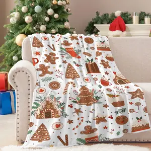 1 piece of cute gingerbread man Christmas blanket, Christmas tree, Santa Claus, reindeer pattern printed bed blanket, comfortable soft flannel warm cover blanket, suitable for Christmas sofas, beds, offices, camping covers, perfect Christmas gift blanket