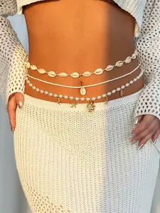 3pcs Boho Coastal Beach Style Imitation Pearl Starfish Charms Beaded Waist Chain, Women's Body Jewelry, Multi-Layered Fashion Accessory Waist Bead Bundle
