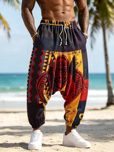 Men's Tribal Mask Print Harem Pants, Elastic Waist Baggy Casual Trousers, Ideal for Beach Vacation, Streetwear & Yoga