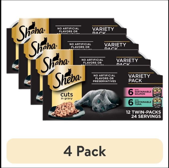 Sheba Perfect Portions Wet Cat Food Cuts in Gravy Gourmet Salmon & Sustainable Tuna 2.6 oz Twin-Pack Trays 12 Count 24 Servings Protein-Rich Premium Meal for Adult Cats
