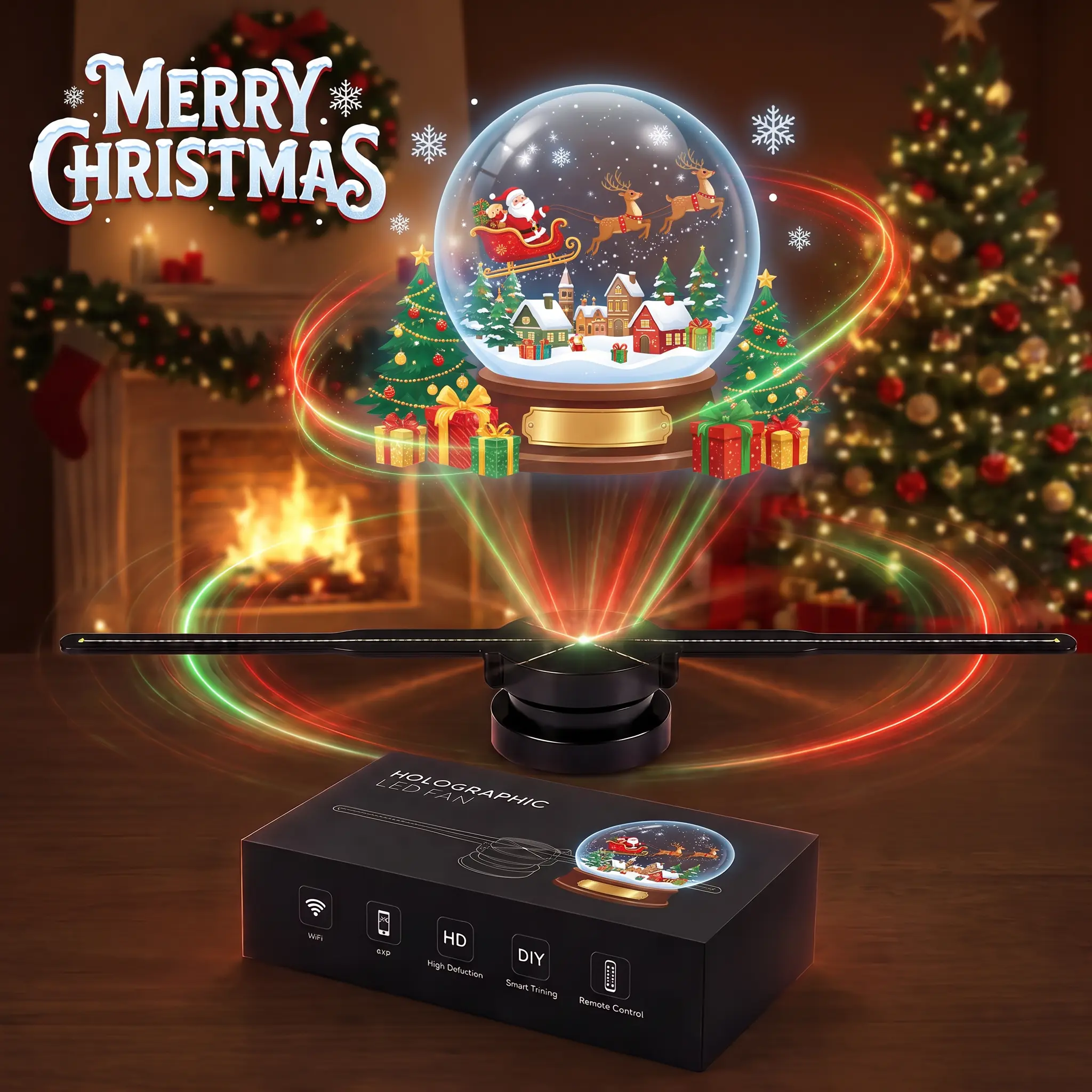 42cm Dual-Blade LED 3D Hologram Fan Display - 224 LED Beads, App-Controllable, Custom Ad Video Upload Support, Easy Wall Mounting, Indoor Recreation Holiday Present Home Theater Decor