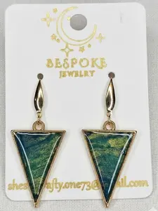 Handcrafted Veragated Green Metallic Celestial Triangle Earrings  Modern Boho Geometric Dangles | Luxe Mermaidcore Aesthetic Jewelry | Bespoke Artisan Gift