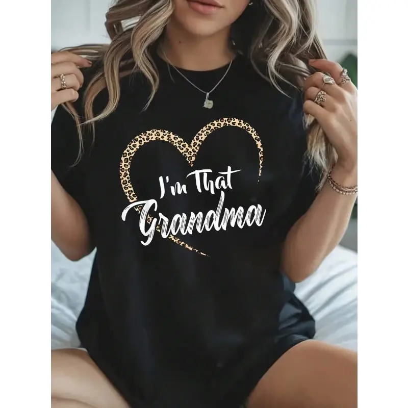 Women's Funny Quote Leopard Heart Graphic T-Shirt - "I'm That Grandma", Round Neck, Short Sleeve, Breathable, Loose-Fit Sport Top for Lady, Sizes S-3XL, Bold Leopard Vibe, Tshirt