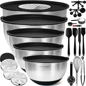 Priority Chef Premium Large 28Pc Stainless Steel Mixing Bowls with Lids Set, Non-Slip Base, Air Tight Lids, 3 Graters and Utensil Set, Large Metal Nesting Bowls for Kitchen, Black