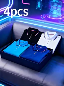 Men's 4-Pack Solid Short Sleeve Shirts, Breathable, Comfortable and Soft, Striped Collar Classic T-Shirts with Button Details, Casual Office Wear, Menswear