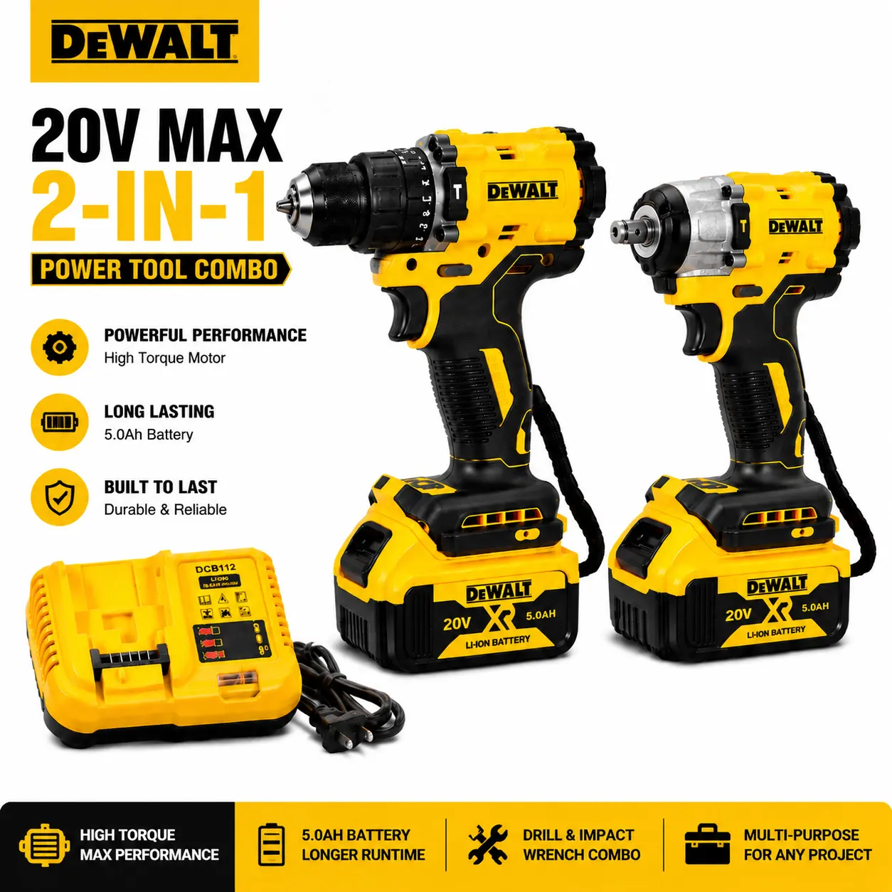 []DEWALT Cordless Drill & Impact Wrench Combo Kit, Drilling & Fastening, Durable Metal Gears & Reinforced Housing, Powerful Performance, Rechargeable Power Tools for Auto Repair, Garage, DIY & Home Projects