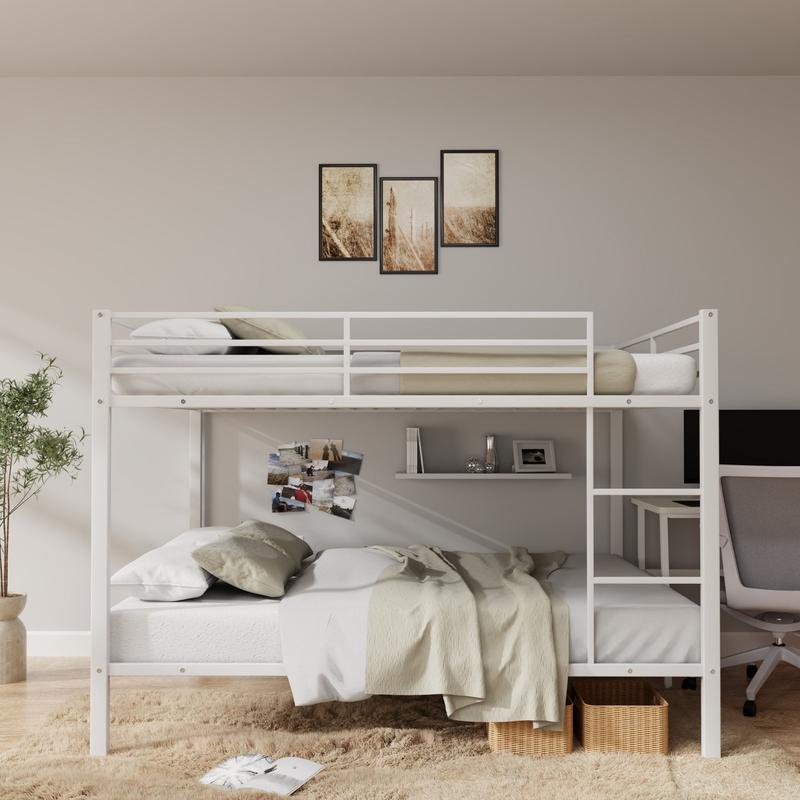 Full Over Full Bunk Bed, Heavy Duty Metal Bunk Bed Frame with Built-in Ladder and Safety Guard Rail, Low Metal Bunk Bed Frame for Kids, No Boxspring Required, For Small Spaces, White