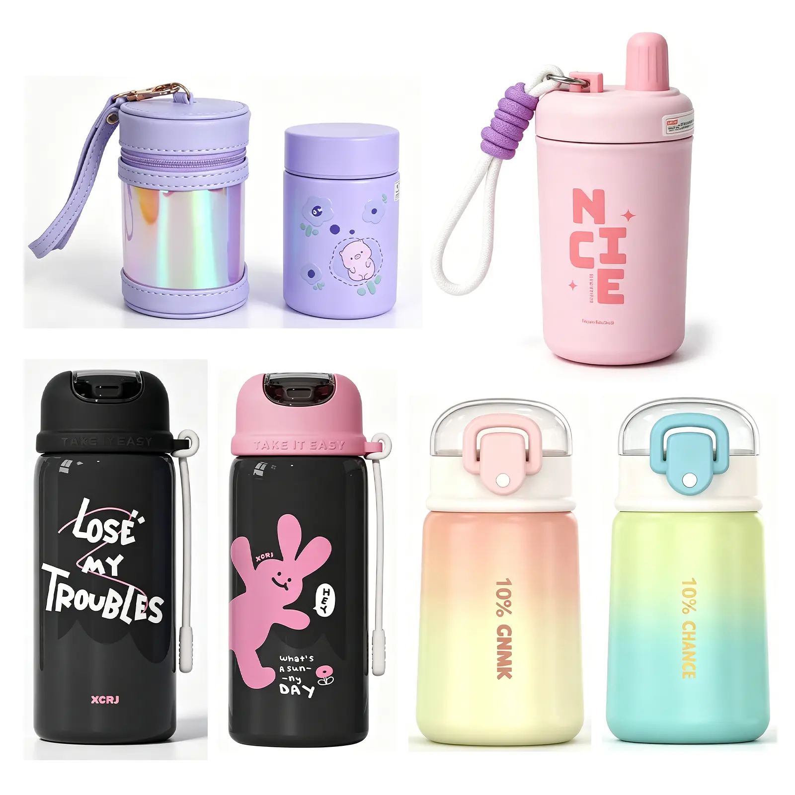 6Pcs Multi-Style Insulated Water Bottle Set, Stainless Steel Vacuum Bottles with Straws & Leak-Proof Lids, for Hot/Cold Drinks, School & Office