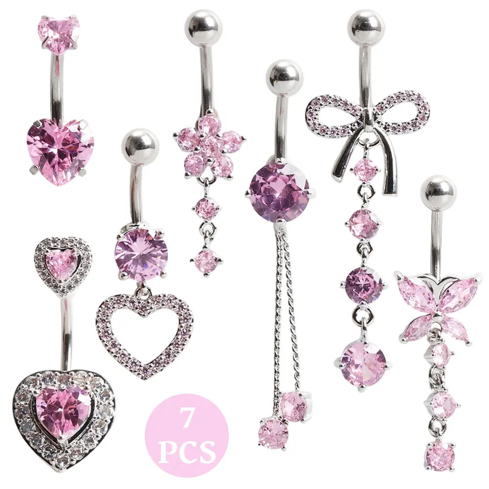 Female 7-Piece Glamorous Blush Pink Stainless Steel Cubic Zirconia Heart Floral Belly Button Ring Set - Christmas Navel Piercing Accessory for Friends, Daily Wear