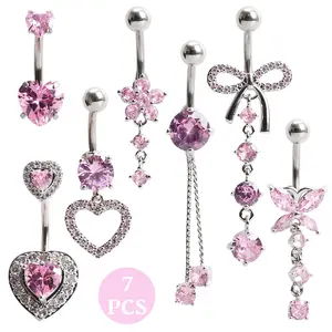7 piece cute pink stainless steel navel ring set - women's diamond studded navel piercing accessory, suitable for beaches, parties, and daily wear
