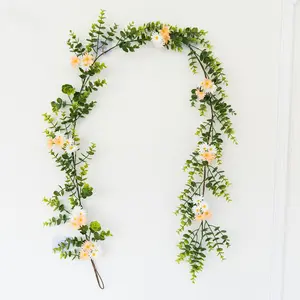 1Pc 70.86inch artificial spring flower vines, Realistic Faux Flowers, paired with daisies, a simulated flower wreath, and artificial eucalyptus vines, suitable for wedding backdrops, arches, gardens, walls, and fireplace decorations