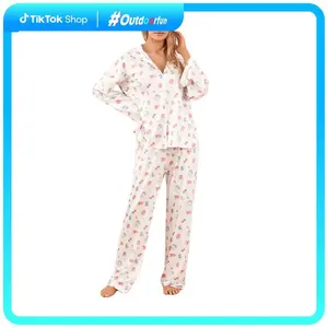 New pajamas, women's home clothes Women Pajamas Lounge Set Strawberry Print Turn-Down Collar Long Sleeve Shirts Tops and Pants 2 Piece Loungewear Outfits loungewear pjs Outdoorfun(Sheet)