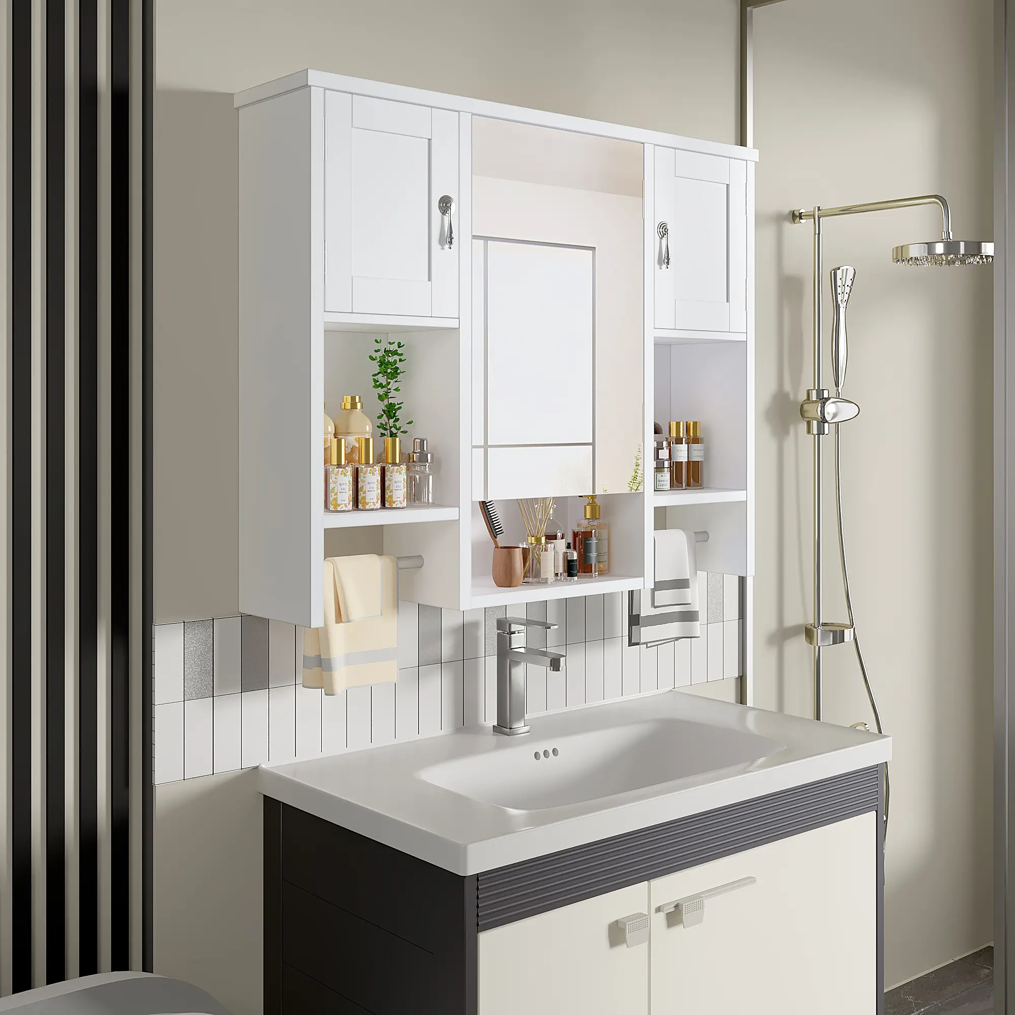 VECELO Bathroom Wall Cabinet, Wooden Medicine Cabinet with Adjustable Shelves, Over the Toilet Storage Cabinet with Doors, Wall Mounted Bathroom Organizer, White MDF Cabinet with Soft Close Hinges