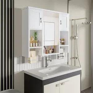 VECELO Bathroom Wall Cabinet, Wooden Medicine Cabinet with Adjustable Shelves, Over the Toilet Storage Cabinet with Doors, Wall Mounted Bathroom Organizer, White MDF Cabinet with Soft Close Hinges