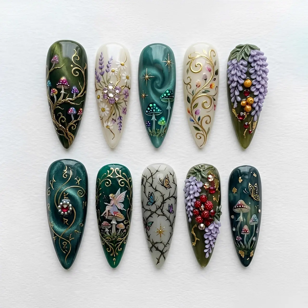 Enchanted Forest Press On Nails | 3D Mushroom Wisteria Fairy Nail Art | Dark Green Floral Long Coffin Nails | Handmade Cottagecore Fantasy Nail Set