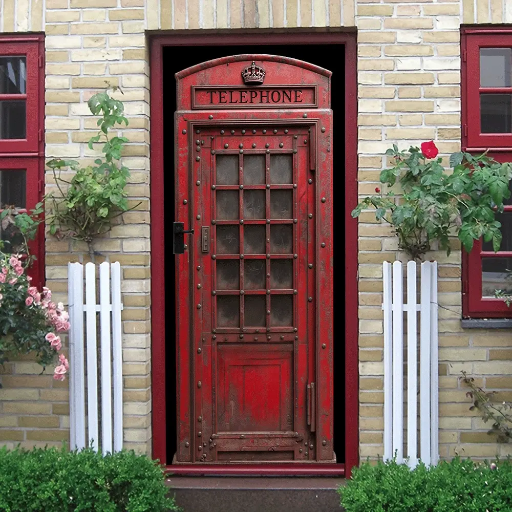 2pcs Vintage British Style Red Telephone Booth Wall Sticker Classic London Street Culture Decorative Decal Removable Self Adhesive Waterproof Home Decor for Living Room Bedroom Study Bar Cafe