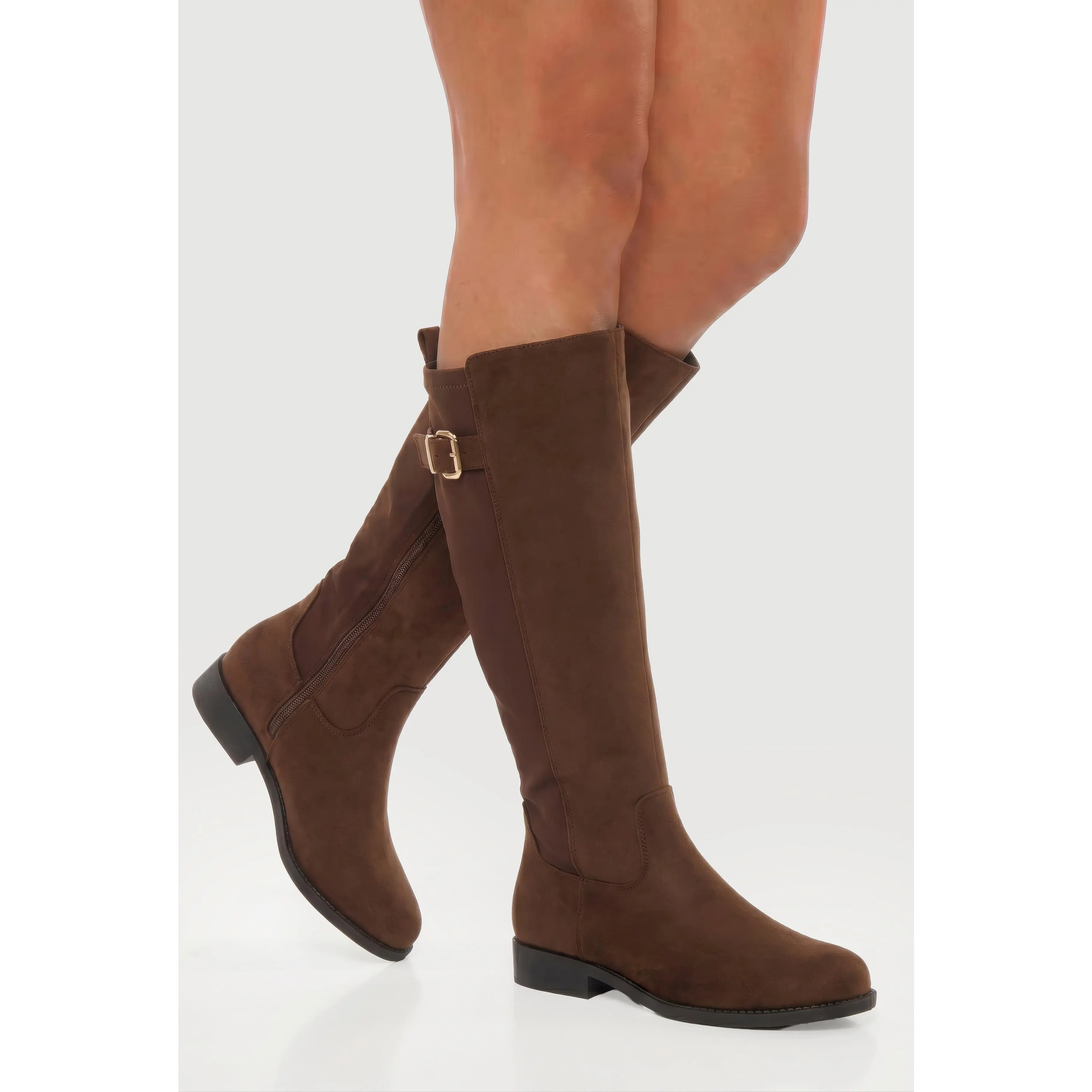 Buckle Detail Stretch Back Knee High Riding Boots