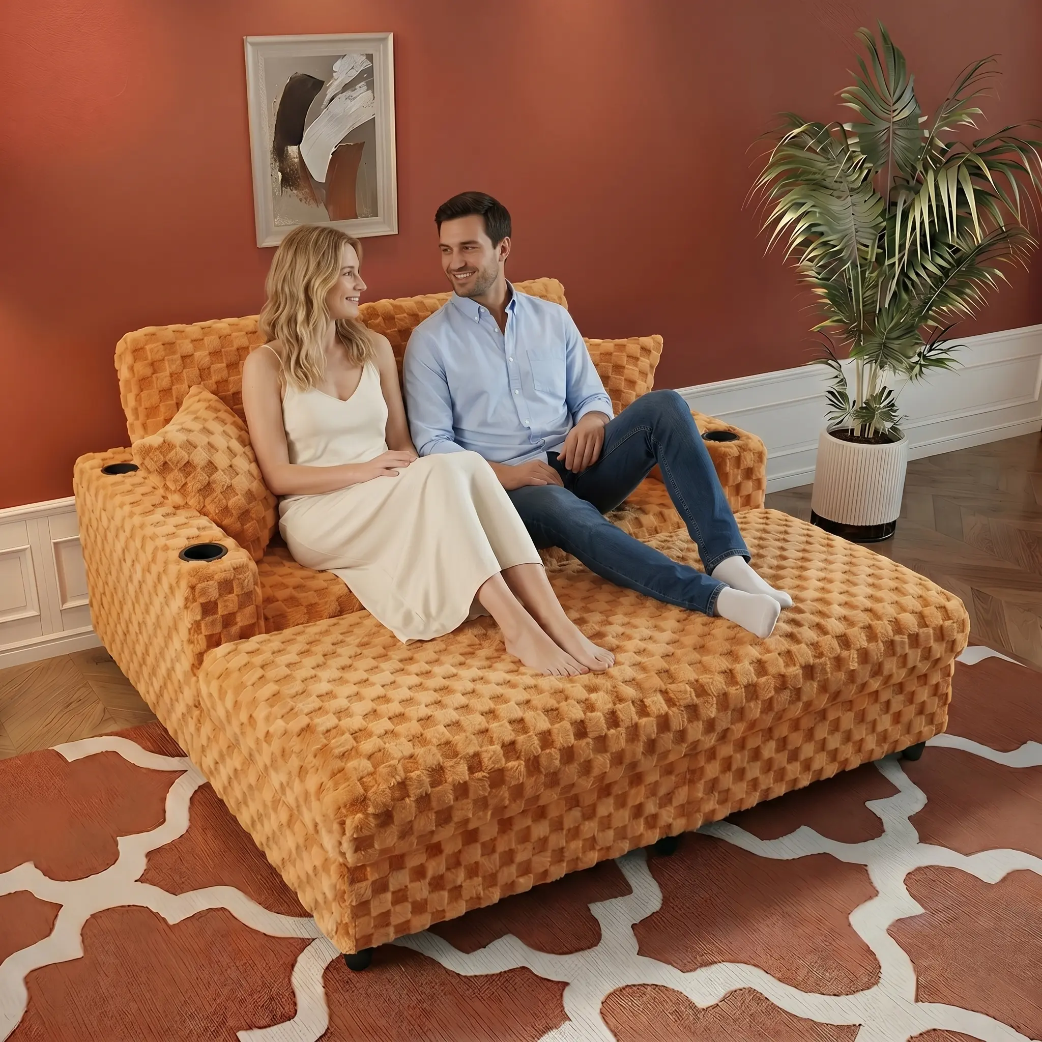 60" Polyester Oversized Lounge Chair with Cup Holders - Convertible Sofa Bed Couch, Soft Cushion Corduroy Chaise Love Seat with Pillows for Living Room, Bedroom, Sofas Living Room