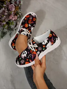 Women's Pumpkin Print Canvas Shoes, Slip-On Breathable Lazy Shoes, Halloween Casual Cloth Shoes, Comfortable and Stylish