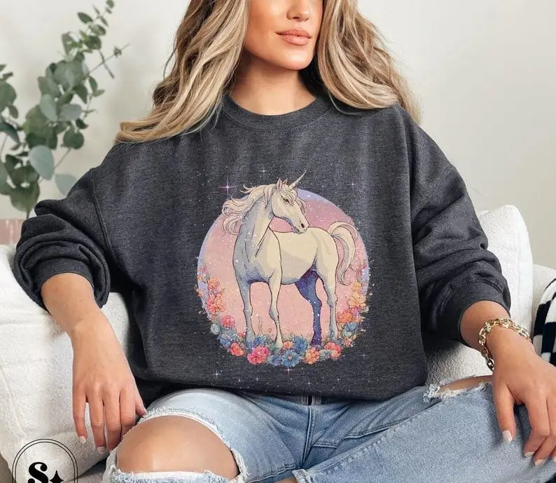 [Sale off up to 50%] Womens Magical Unicorn Sweatshirt, Retro Vintage Mythical Unicorn Crewneck, Fairycore Sweater, Dark Fantasy Creature, Dreamcore Sweatshirt