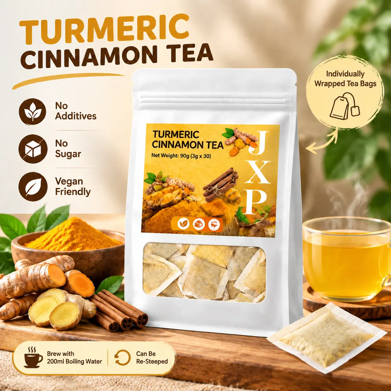 Premium Turmeric Herbal Tea | 100% Natural Ginger & Cinnamon Blend | Caffeine-Free, Sugar-Free, Gluten-Free & Vegan | Biodegradable Tea Bags