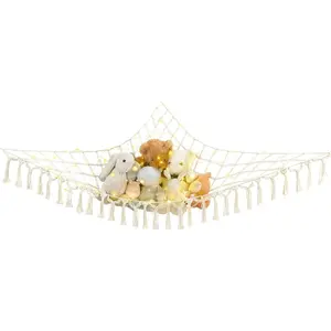 Stuffed Animal Net or Hammock Boho Toy Storage Holder Hanging Organizer with Decorative Tassels and Lights Large Corner Plush Net Toys Display Hammock for Nursery Kid Room Playroom Ivory