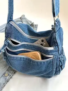 Niche design retro washed denim handbag, multi-zipper design lazy style casual bag, personalized  fashion shoulder handbag, Crossbody Purse, trendy and versatile multi-color optional, suitable for college students to attend classes, shopping, etc.