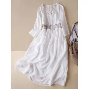 Women Summer Dress Casual Vintage Embroidery 3/4 Sleeves Midi Dress For Cocktail Vacation Club Streetwear