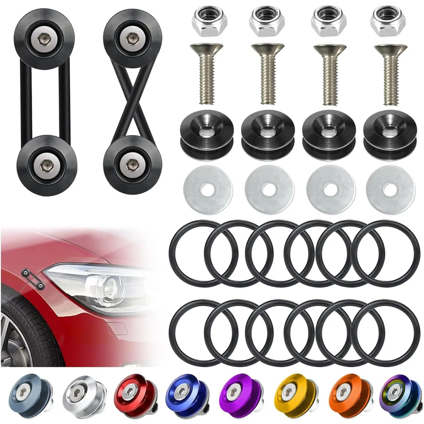 Universal Bumper Clips, Front Rear Bumper Quick Release Kit, Bumper Holders for Cars (4 Black Bumper Quick Release Tabs and 12 Customized O-Rings)
