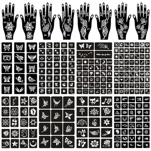 16 Sheets Henna Tattoo Stencils Kit Reusable for Women Girls and Kids,150+ PCS Temporary Indian Arabian Glitter Airbrush Tattoo Stencils for Face Body Paint DIY