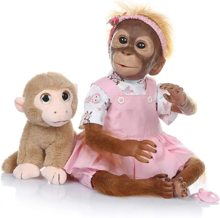 Unisex Realistic Monkey Theme Stuffed Doll - 52cm, 1.3kg Net Weight, Soft Cloth Body, Vinyl Limbs with Posable Arms, BPA Free, Nitrosamine Free, No Battery Needed, Includes Pacifier & Baby Plush Toy (Ideal for 3-4 Years)