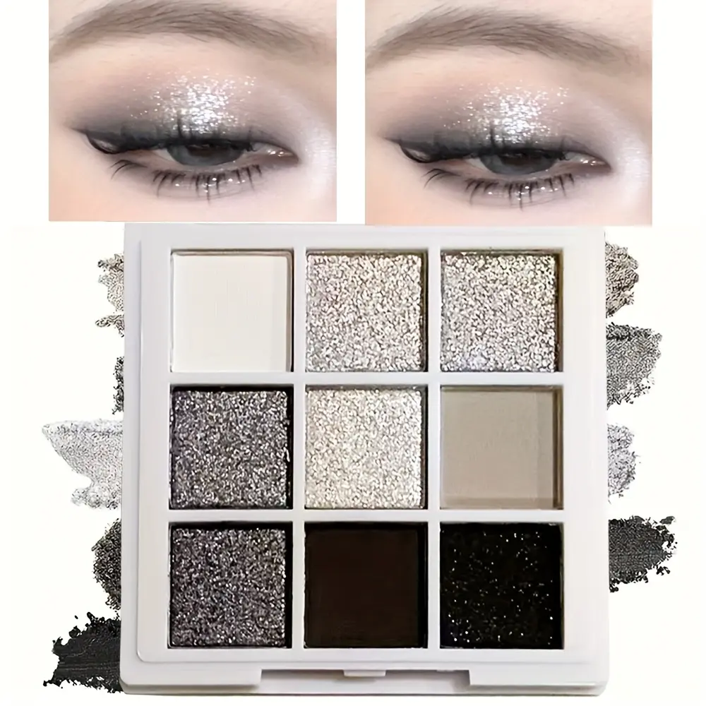 9-Color Smoky Eyeshadow Palette Featuring Deep Black, Gray, And Silvery Shades with Both Shimmer And Matte Finishes, Perfect Creating a Smoky Look. It Has Pearl And Matte Effects, Is Waterproof And Sweatproof, Making It Ideal Festivals, Nine-Color Eyeshad