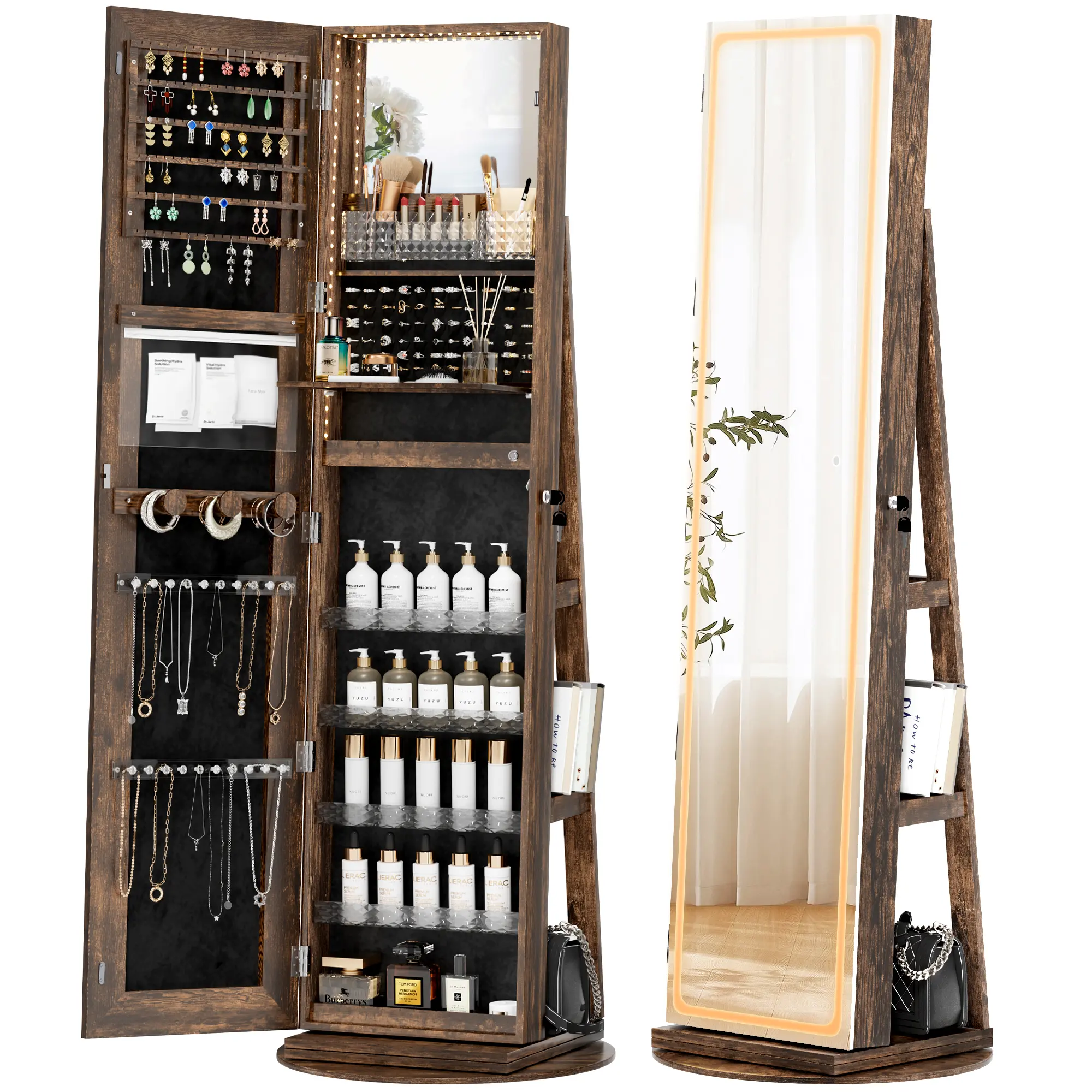Summervibes LHBCRAFT Jewelry Armoire, Mirror Jewelry Cabinet Standing, jewelry organization, jewelry armoire, Mirror with Storage, Mirror Cabinet Cosmetic Organizer Box