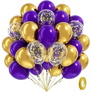 Purple and Gold balloons, 60pcs 12 Inch Purple Metallic Chrome Gold and Confetti Balloon for Wedding Graduation Birthday Party Decorations
