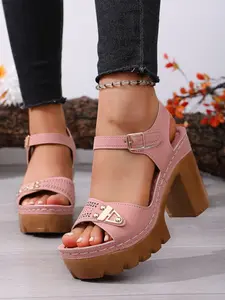 New Summer Women's Fashion Stylish Thick Sole Sandals, Metal Decor Back Strap Buckle, Waterproof Platform Design, Vacation Commute Heel Lift Open-Toe Shoes