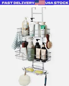 Over the Door Hanging Shower Caddy Basket w/Hooks, Bathroom Storage Rack Shelf