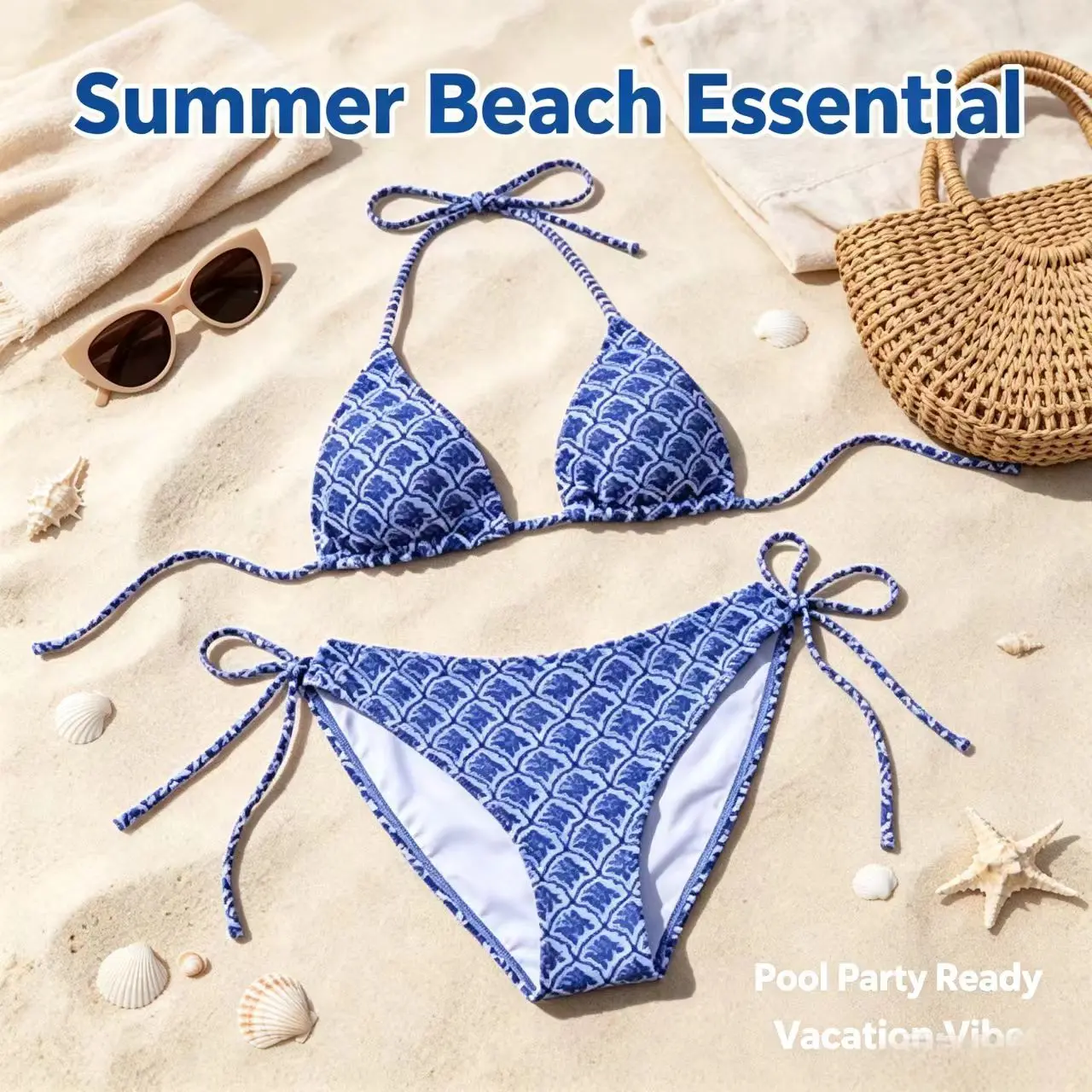 Women's 2-Piece Halter Bikini Set - Blue-and-White Geometric Print, Triangle Top, Side-Tie Bottoms, Ideal for Beach, Pool Vacations