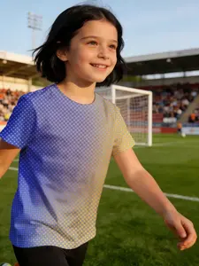 girl child jersey Blue To Yellow Gradient Polka Dots Pattern Breathable, light, and comfortable short sleeve T-shirt Polyester Round Neck Short Sleeve Printed Casual Top, Essential for Outdoor Activities, Soft and Breathable comfort training sports