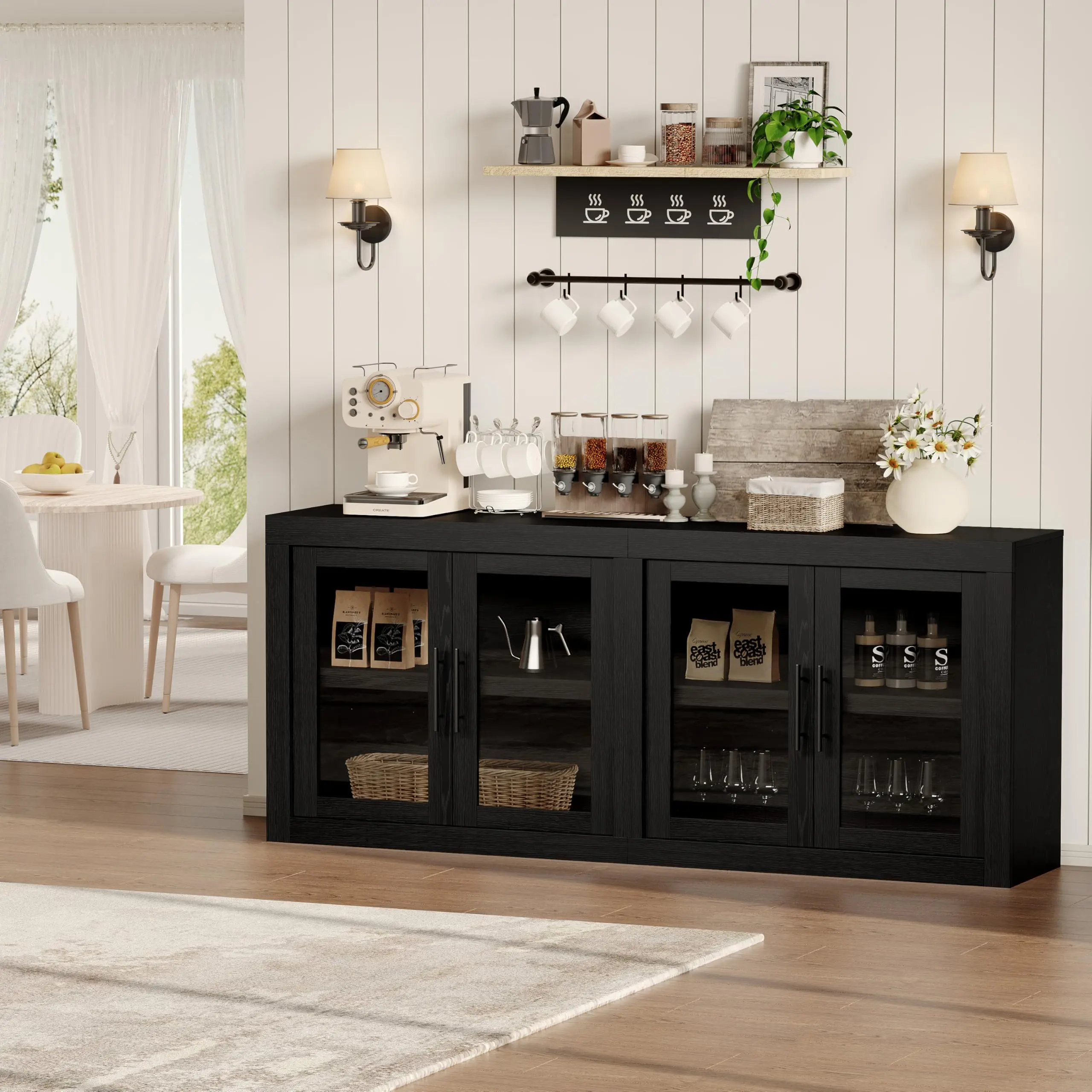 Garvee 71" Buffet Sideboard Cabinet with Storage, Modern Farmhouse Credenza Coffee Bar/Media Console - 4 Doors, Glass Front - for Dining Room, Living Room, Entryway - White