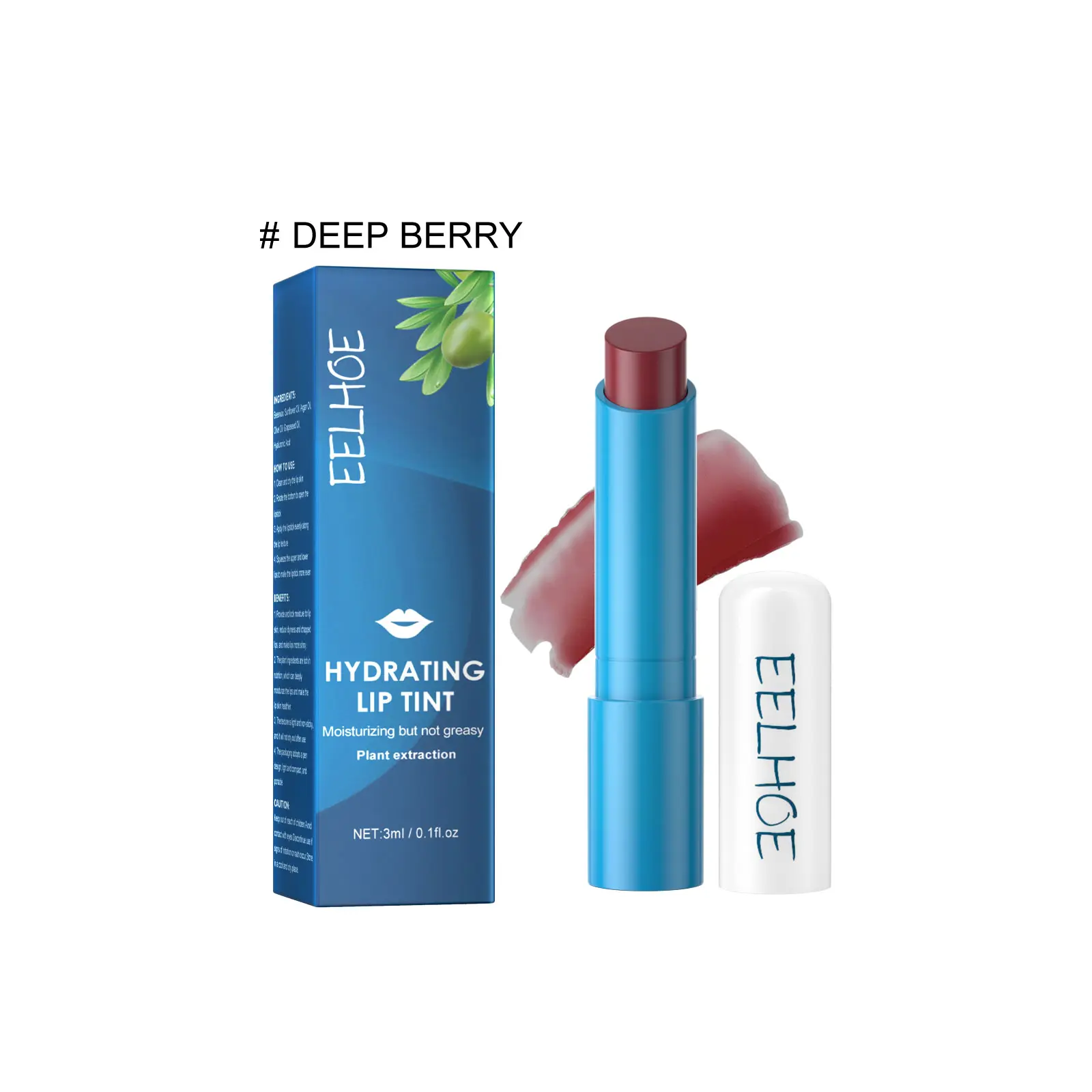 Hydrating Plant-Based Lip Tint Stick 3ml Deep Berry Shade, Lightweight Non-Greasy Moisturizing Lip Color, Repair Dry Chapped Lips Long Wear Berry Lip Makeup lipstick