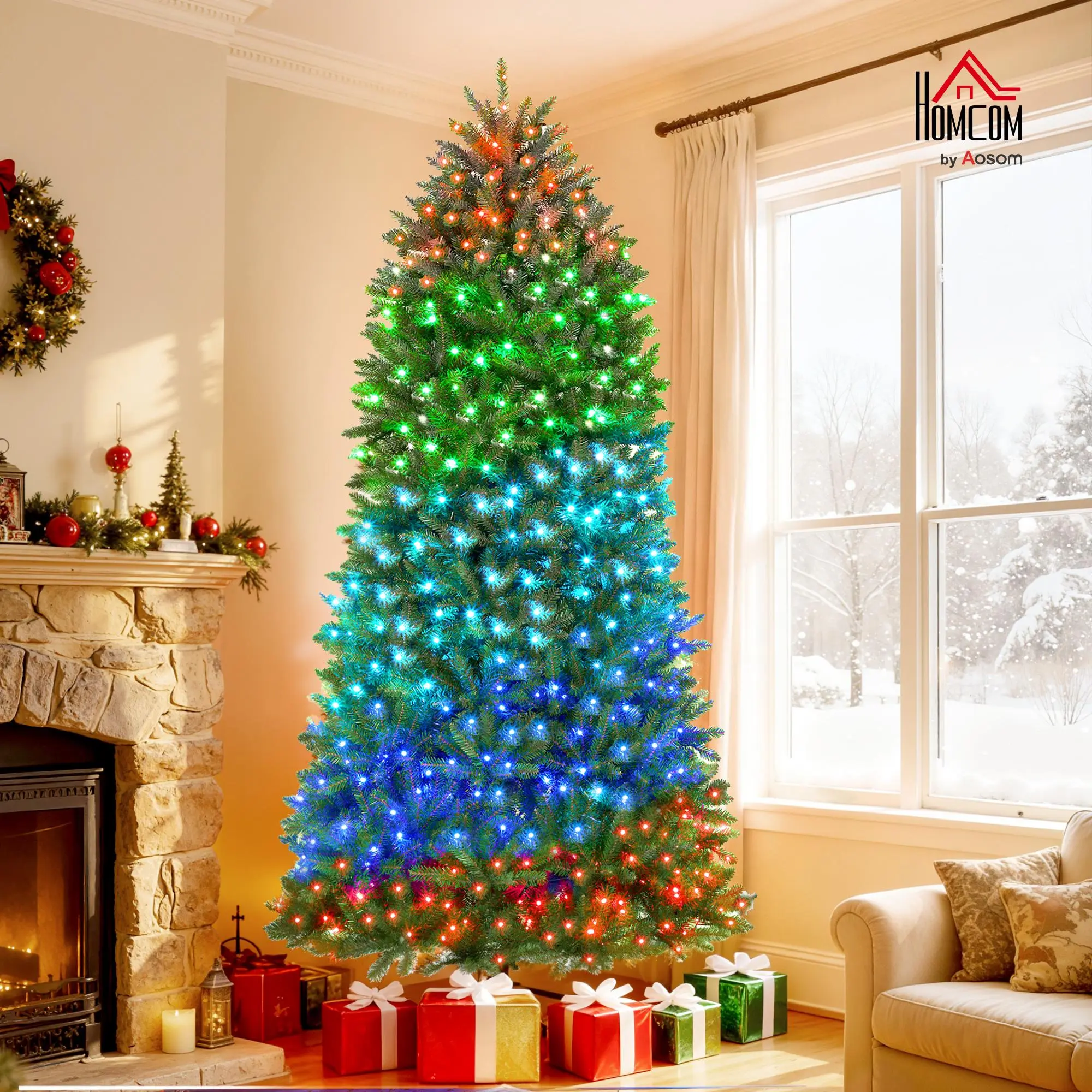 HOMCOM 6ft-9ft Smart Prelit Christmas Tree with Full-Spectrum RGB Dimmable LEDs, App and Remote Control, Wide Full Hinged Xmas Tree, Easy Assembly, Artificial Holiday Decoration, Green