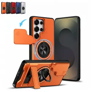 For Samsung Galaxy S26 Ultra/S26 Plus/S26 25 24, 360° Rotate Ring Magnetic Kickstand Anti-Fall PC Shell Camera Sliding Window Protection Cover