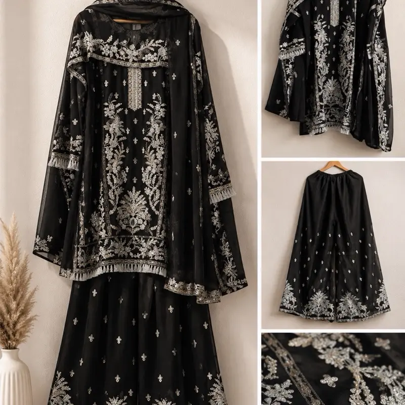 Party Wear Chiffon Black Three Piece Suit Size M