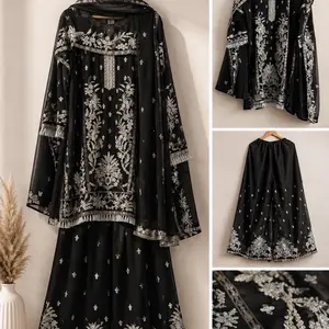 Party Wear Chiffon Black Three Piece Suit Size M
