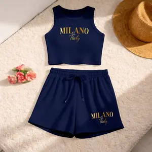 Women's Milano Italy Print Sleeveless Tank Top And Drawstring Shorts Set, Casual Summer Sportswear Two Piece Outfit, Ribbed Knit Tank And Shorts Set For Everyday Wear
