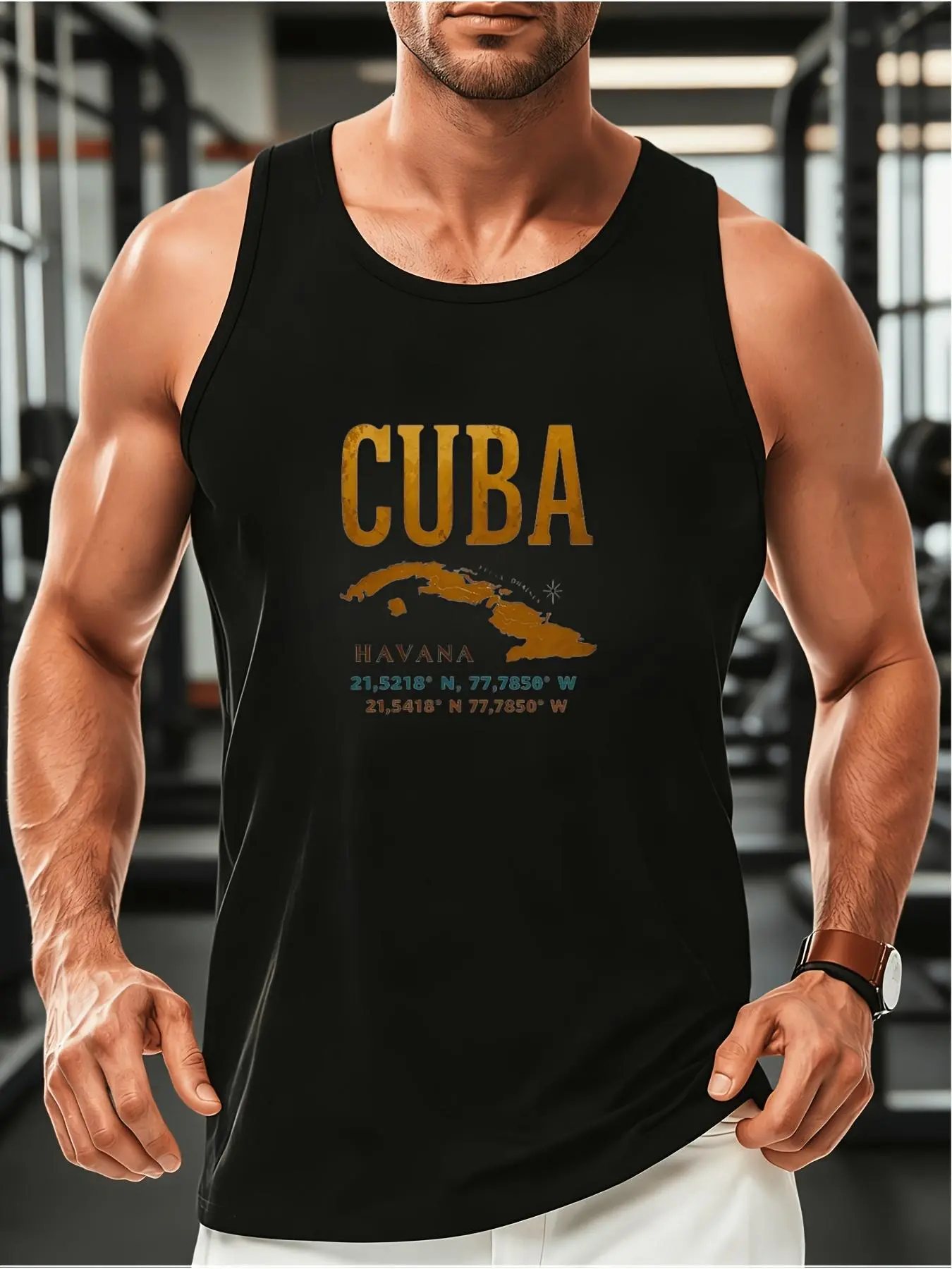 Men'S Cuba Havana Map Coordinates Tank Top - Retro Sleeveless Shirt with Cuba Map Design Gym Workout & Outdoor Apparel Machine Washable Suitable for Gyms Vacations Casual Wear - Cuban Coordin2026 Summer Unisex Vest/Fitness Casual Printed T-Shirt