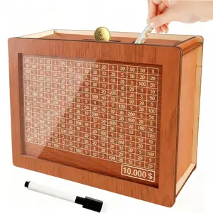 Wooden Piggy Bank – 10000 Savings Challenge Box – Coin Bank for Kids & Adults – Toy Gift for Boys & Girls Ages 3-12 – Pink or Brown