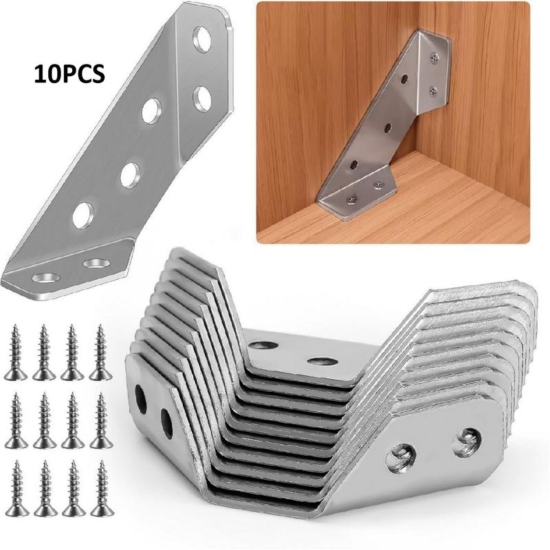 10pcs Upgraded Angle Bracket Corner Brackets for Wood, Universal Stainless Steel Furniture Corner Connector, Metal Corner Brace Triangle Bracket for Shelves Cabinet Chair Drawer (with Screws)